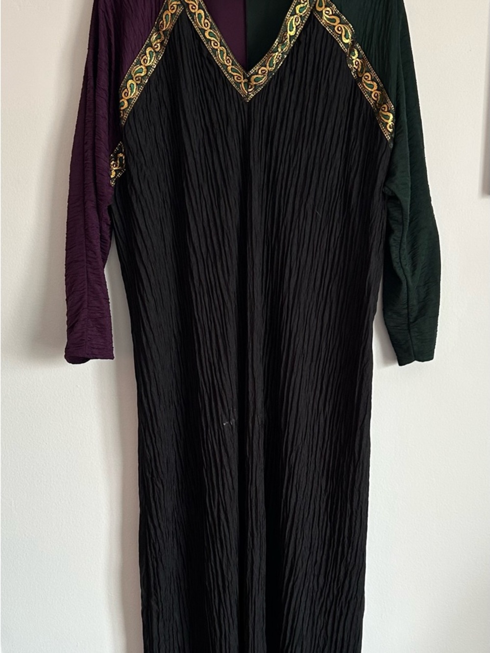 Color Block  Black Purple Green and Gold Maxi Dress with Gold ribbon trim